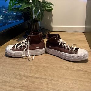 Brown High-Top Sneakers with White Soles